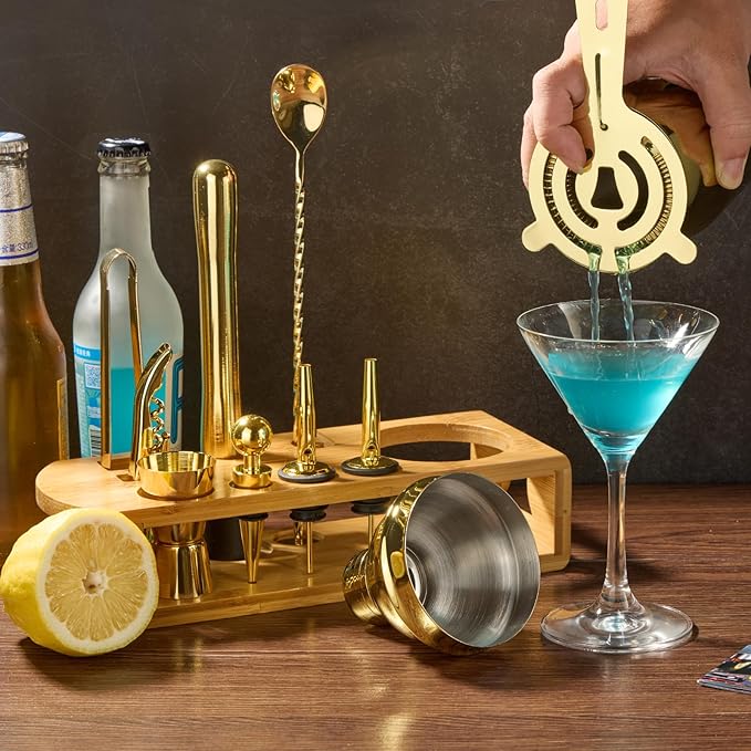 Cocktail Shaker Set Bartender Kit : 12-Piece Bar Tool Set with Bamboo Stand | Bars Set with All Practical Bar Accessories, for Drink Mixing, Bar, Home, Lounge & Party (Gold)
