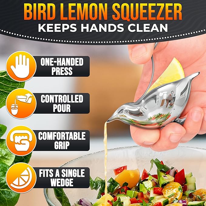 Lemon Squeezer Stainless Steel Manual Juicer – Press More Juice with Less Effort, Bird Lemon Squeezer with Pour Spout, Manual Lemon & Lime Press, Mess-Free Hand Juicer for Cocktails, Cooking & Drinks
