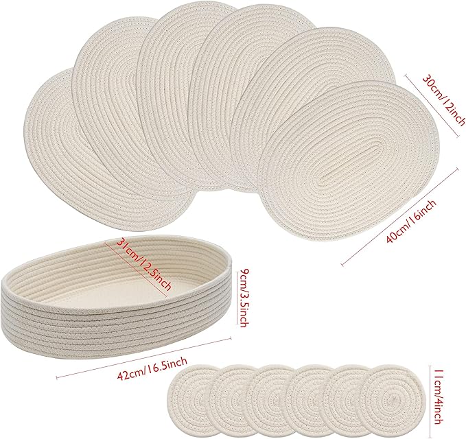 Placemats Set of 6 Oval – Woven Boho Farmhouse Table Mats for Dining Table for 6, Kitchen Decor, Washable and Handmade Rustic Table Accessories (16 * 12 Plus 6 Coasters, Off White)
