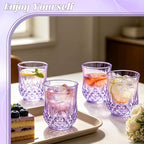 24 Pack Plastic Stemless Wine Glasses,12oz Unbreakable Vintage Elegant Drinking Glass Set,Reusable Fancy Cocktail Cups for Party, Wedding, and Bulk Events (24, 12oz-Purple)