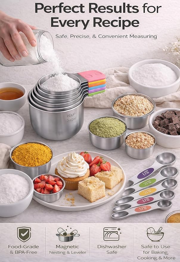 Magnetic Measuring Cups and Spoons Set304 Stainless Steel Dual Scale Set of 15, Strong N52 Magnetic Nesting Design with Leveler, for Dry&Liquid Ingredients, Dishwasher Safe(Colorful)