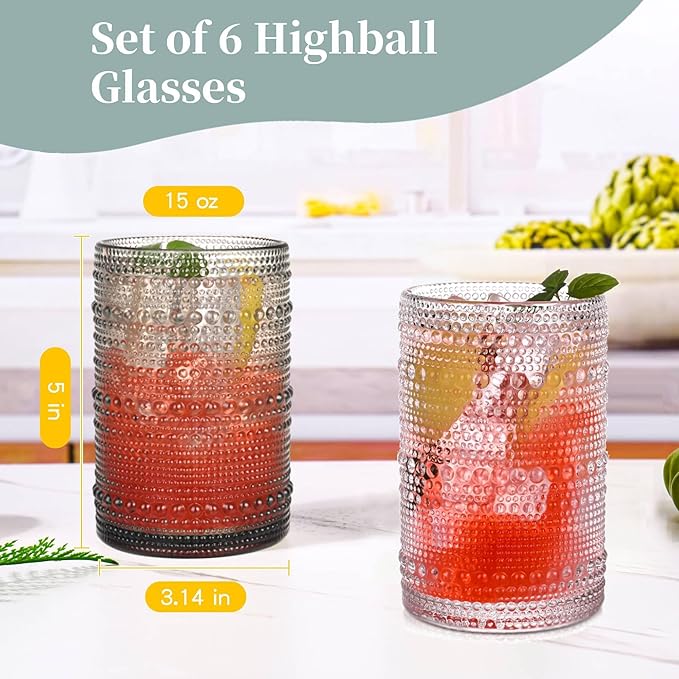 Gray Hobnail Drinking Glasses Set of 6,15 oz Vintage Highball Glasses,Drinkware Kitchen Glasses for Cocktail,Iced Coffee,Beer,Ice Tea,Wine,Whiskey,Water