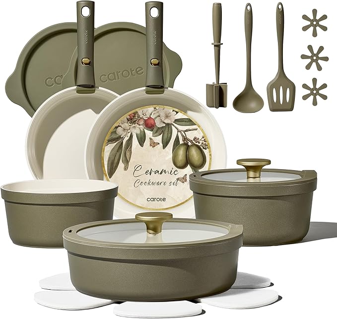Carote 21pcs Ceramic Cookware Set with Detachable Handles, Pots and Pans Set Non Stick, RV Kitchen Cooking Pot and Pan, Dishwasher Safe, Non-toxic Induction Cookware PFAS and PFOA Free, Olive Green