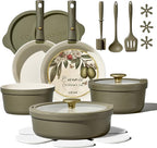 Carote 21pcs Ceramic Cookware Set with Detachable Handles, Pots and Pans Set Non Stick, RV Kitchen Cooking Pot and Pan, Dishwasher Safe, Non-toxic Induction Cookware PFAS and PFOA Free, Olive Green