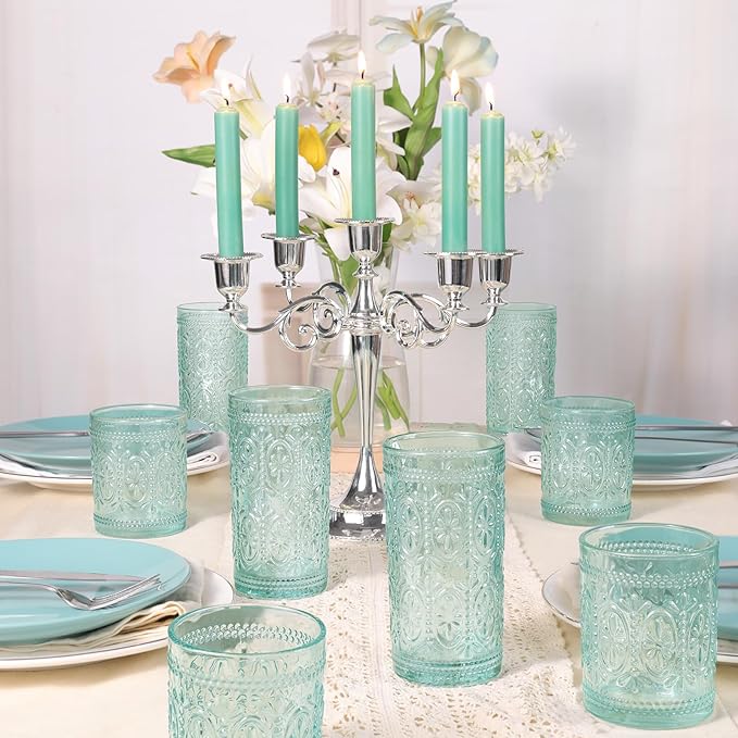 abrwyy Glassware set of 4, Vintage Drinking Glasses, 10oz Heavy Duty Glass Cups, Colored Glassware Set, Embossed Glasses Set for Party Wedding Home Office Glassesware Gift
