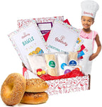 Baketivity Kids Baking Set, Meal Cooking Party Supply Kit for Teens, Real Fun Little Junior Chef Essential Kitchen Lessons, Includes Pre-Measured Ingredients (Kit + Hat & Apron, Bagels)