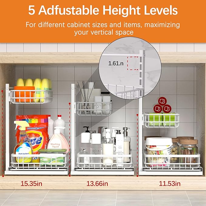 Under Sink Organizer, Adjustable Height Pull-Out Kitchen Storage Organization,15.8" x 11.8" x 16.5", 2-Tier Kitchen Shelf, Bathroom Drawer Organizer, 2 Pack|White