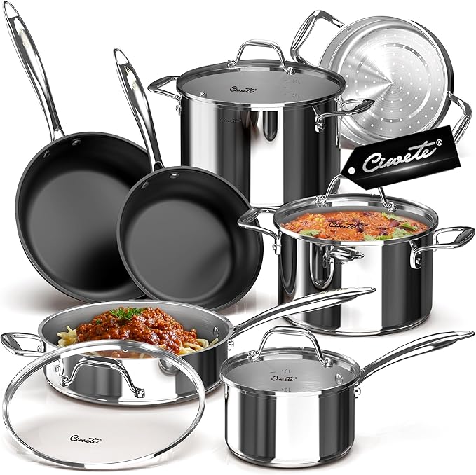 Ciwete 11-Piece Stainless Steel Pots and Pans Set Non Stick, Tri-Ply Stainless Steel Cookware Set, Induction Kitchen Cookware Sets with Steamer Insert & Stay-Cool Handles, Dishwasher, Oven Safe
