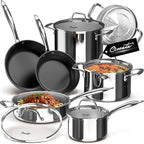 Ciwete 11-Piece Stainless Steel Pots and Pans Set Non Stick, Tri-Ply Stainless Steel Cookware Set, Induction Kitchen Cookware Sets with Steamer Insert & Stay-Cool Handles, Dishwasher, Oven Safe