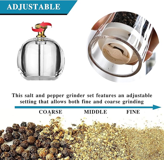 Acrylic Pepper Grinder Set Salt and Pepper Grinder Manual Pepper Mill Set with Adjustable Coarseness Acrylic Salt and Pepper Shakers, Enjoy Fresh Ground Pepper Spices Salt Grinder