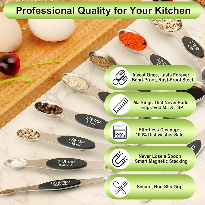 Magnetic Measuring Spoons Set Stainless Steel with Leveler, Dual-Sided Metal Measuring Spoons for Baking & Cooking, Fits in Spice Jars, Must-have Kitchen Gadgets, 8 Measuring Spoons & 1 Leveler, Black