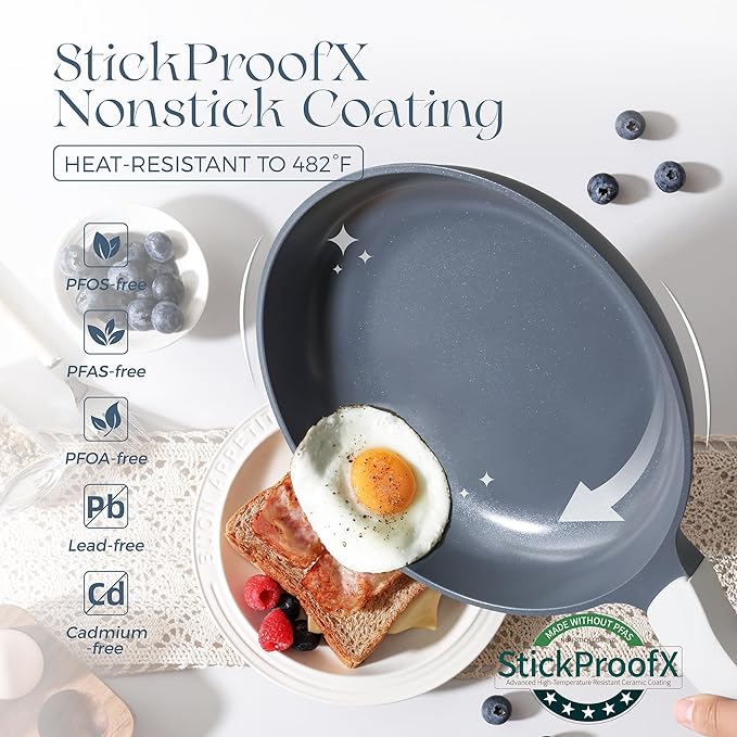 PRICUSIS Ceramic Pots and Pans Set Nonstick, 21Pcs Nontoxic Induction Cookware Set, 100% Dishwasher Safe, Stay Cool Handle, Fully Coated, PTFE PFOA & PFAS Free (Blueberry Gray）