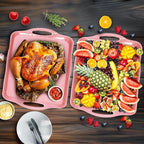 LEHAHA Large Non Slip Serving Tray with Handles, 17.25 x 12 Inch Melamine Serving Platter with Curved Sides, Dinner Tray for Lunch, Coffee, or Breakfast, 4pcs Set, Silicone placemats Included,Pink