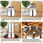 No Coating 2 Cup Thickened 304 Stainless Steel Moka Pot Stovetop Espresso Maker Italian Coffee Machine 100ml 3.3oz Suitable for Gas Induction Stovetop Greca Coffee Maker Percolator