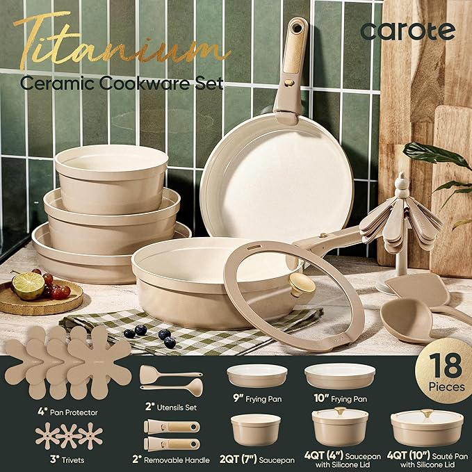 CAROTE 18 Pcs Ceramic Cookware Set Titanium Nonstick with Detachable Handles, Non Toxic Cookware, Pots and Pans Set Non Stick Removable Handles, Induction Available, Kitchen Cooking, Dishwasher Safe