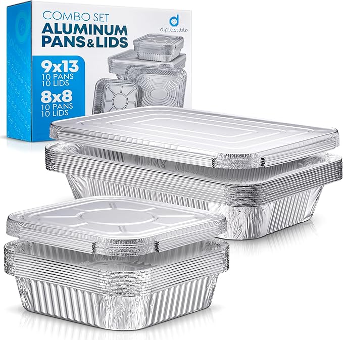 Diplastible Disposable Aluminum Pans With Lids, 9x13 (10pc) And 8x8 Square (10pc) Combo Set, Disposable Baking and Cake Pan (Pack of 20)