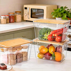 Criusia 3 Set Pantry Organizers and Storage with Bamboo Lids, Stackable Clear Bins for Onion, Potato, Fruit, Vegetables, Trash Bag Dispenser, Kitchen and Under Sink Organizer