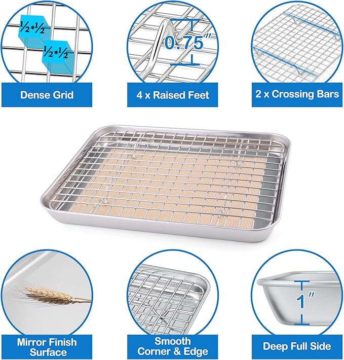 P&P CHEF 10.4 x 8 x 1 Inch Toaster Oven Pan with Grid Rack and Silicone Mat, Stainless Steel Toaster Oven Tray Baking Pan with Cooling Roasting Rack, Dishwasher Safe (3Pcs)