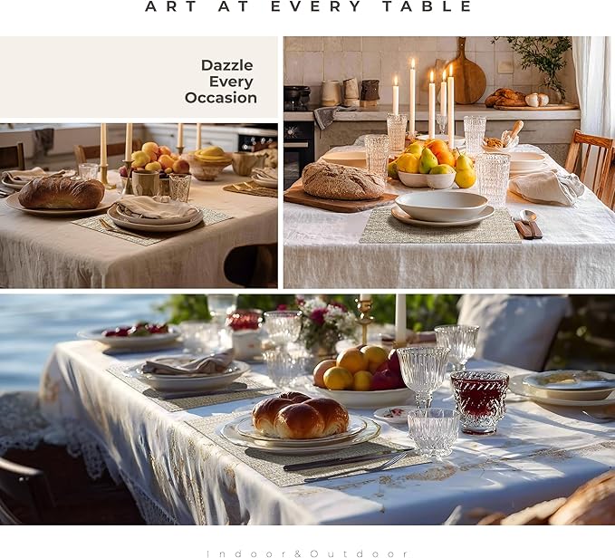 Leetaltree Luxury Beige and Gold Woven Placemats Set of 4 - Waterproof Washable Textured Table Mats for Wedding, Anniversary, Daily Use - Sparkling Metallic Thread Table Decor - Hand-Cut