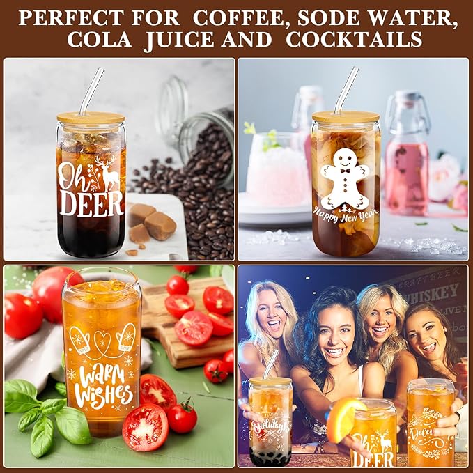 Umigy 8 Pack Christmas Glass Cups 16 oz Christmas Drinking Glasses Tumblers with Lids and Straws Drinkware Glassware Beer Can Shaped Iced Coffee Drinkware Mason Jar Cups for Xmas Gift Party Decor
