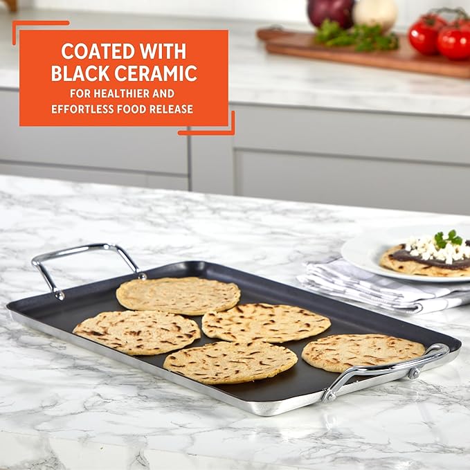 IMUSA Ceramic Nonstick, Stovetop Double Burner Griddle with Metal Handles, 19-Inch, Black