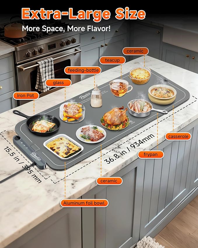 Warming Mat for Food, Extra Large XXL 36"x16" Food Warmer Chafing Dishes for Buffet, Food Warming Mat, Electric Warming Trays for Parties,Portable Heating Pad 6 Level Temp 6 Hour Timer