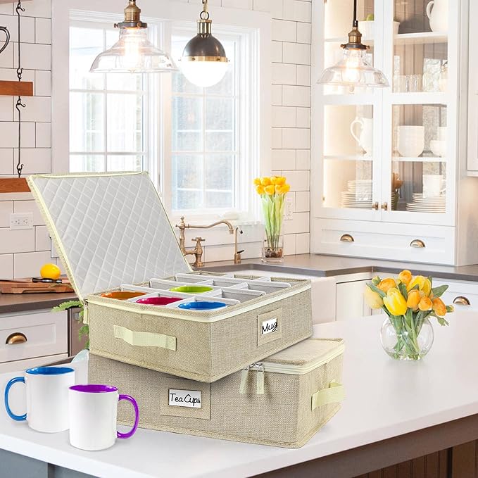 LotFancy Cup and Mug Storage Box, Hard Shell, China Coffee Mug Storage Container for Moving, Holds 12 Tea Cups, with Dividers & Handles, Beige