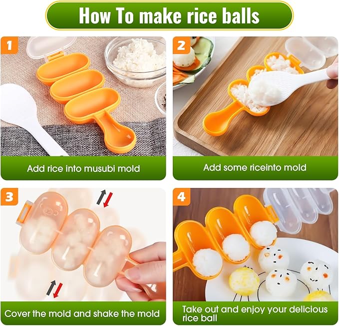 Rice Ball Maker Mold & Sushi Maker Rice Ball Mold with 2 Riceball Shaker and 2 Rice Paddle - Easy to Use Rice Ball Mold Shaker for Perfect Onigiri and Sushi - Fun Kitchen Tool
