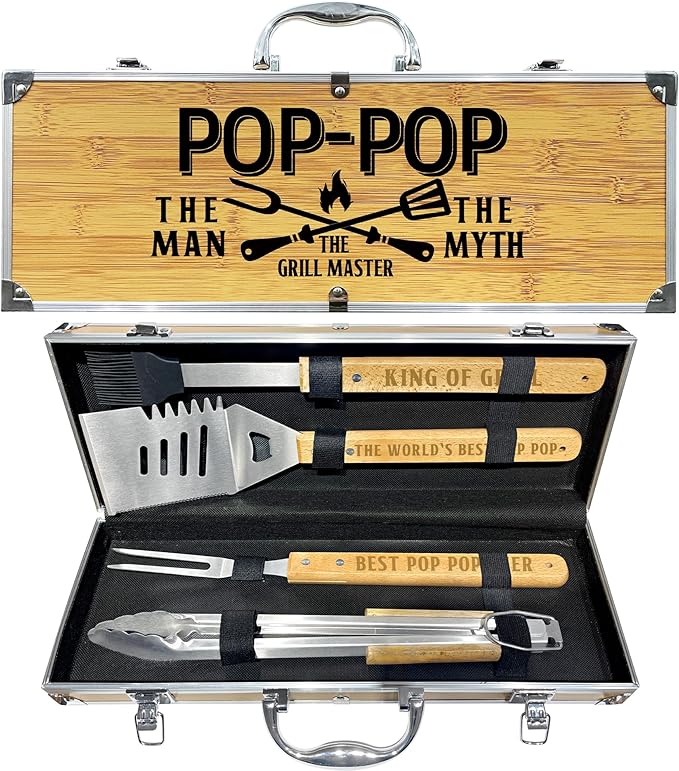 Christmas Pop Pop Gifts from Grandkids, Pop Pop Gifts Heavy Duty Wooden BBQ Grilling Accessories Kit for Backyard, Thick Stainless Steel Grill Utensils with Non-Slip Handle Tools in Portable Bag