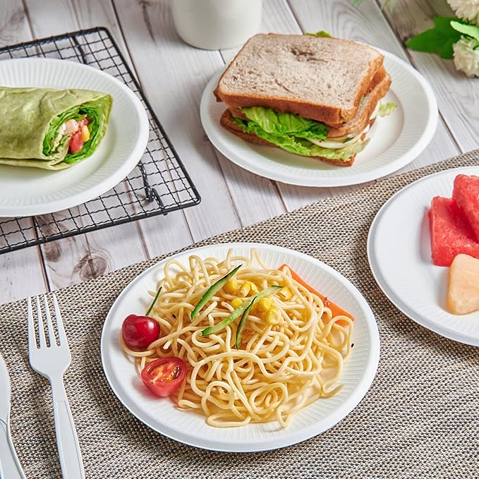 Vplus 100% Compostable Paper Plates, 200 Pack 7 Inch Disposable Paper Plates, Uncoated Biodegradable, Made of Sugar Cane Fibers, Perfect for Sandwich, Cake, and Snack