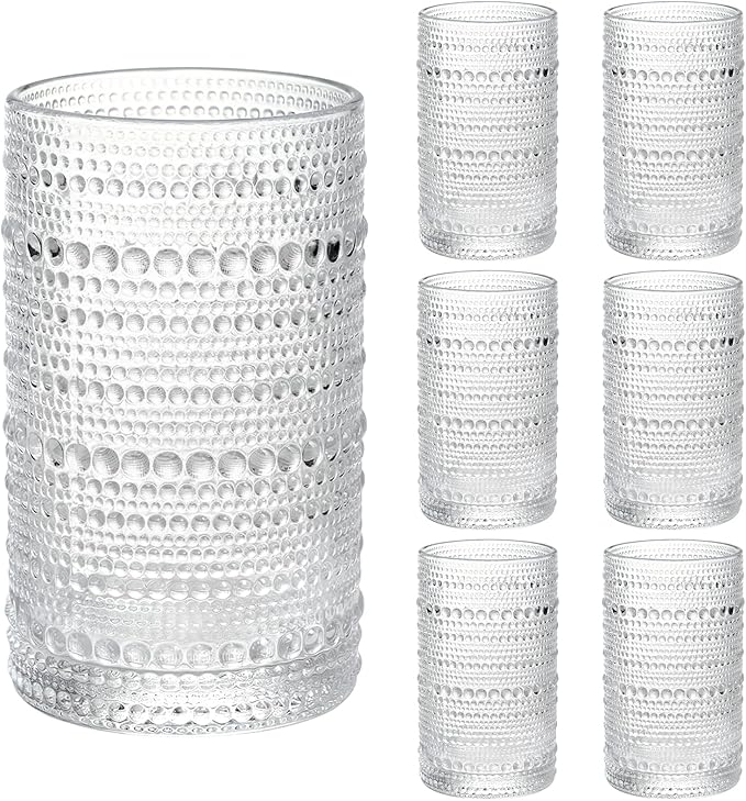 Moretoes Large Hobnail Drinking Glasses Set of 6, 15oz Highball Glass Cups, Kitchen Drinkware Glassware,Embossed Water Tumbler,for Beer,Cocktail,Whiskey,Juice and Various Mixed Drinks(Clear)