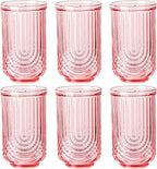 Pink Vintage Drinking Glasses Set of 6-17oz Hand-Blown Highball Ribbed Glassware, Arch Design Cocktail Glasses for Whiskey Water Beverages Ice Coffee Juice Milk
