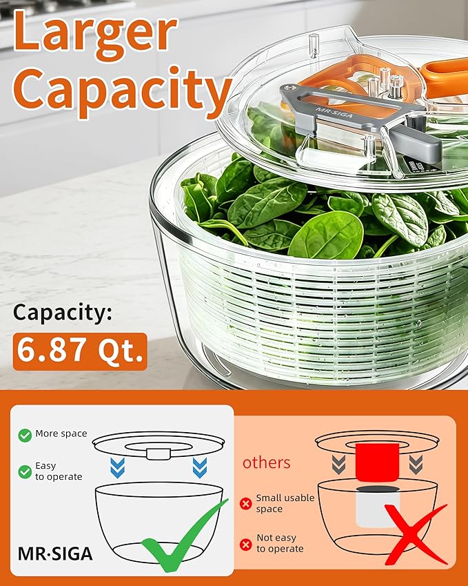 MR.SIGA Large Salad Spinner, Fruit Washing Bowl with Strainer, Salad Dryer for Washing, Spinning, and Draining Greens, Fruits, and Vegetables, 6.87 Quart Capacity