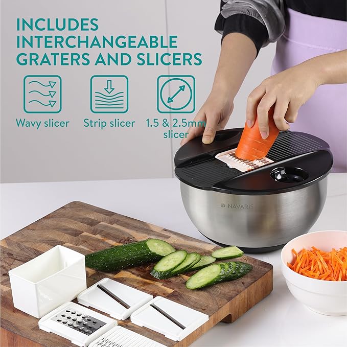 Navaris Salad Spinner with Lid - Salad Spinner Stainless Steel - Salad Dryer - Easy Washing, Drying and Spinning - Includes Grating and Slicing Discs