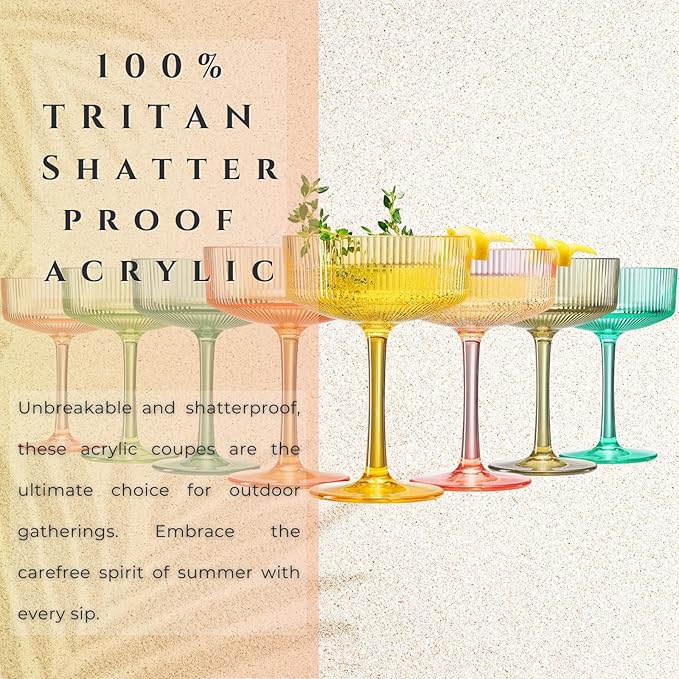 Khen Shatterproof Acrylic Ribbed Vintage Art Deco Martini, Champagne & Cocktail Spring & Summer Bright Pastel Colors Plastic Coupe Glasses | 8 Set | 8oz Ripple Classic Indoor & Outdoor, European Style