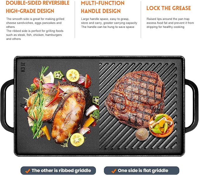 GGC Cast Iron Reversible Griddle, Double-sided Griddle Pan for Indoor and Outdoor Cooking, 15 x 9 Griddle Plate with Flat and Ribbed Side for Stove Tops, Gas Grills and Camping