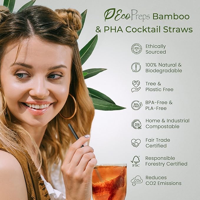 5” Short Biodegradable Bamboo Fiber Cocktail Straws | 200 Count, 100% Compostable, Plastic-Free, Eco-Friendly Drinking Straws | 5-Inch, Heat-Resistant PHA Coffee and Cocktail Stirrers (Black)