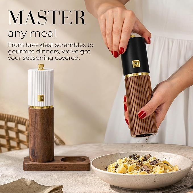 Wooden Salt and Pepper Grinder Set – Refillable Manual Salt and Pepper Mills with Adjustable Ceramic Burrs, Gold Detailing, and Wood Stand – White, Black and Acacia