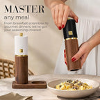 Wooden Salt and Pepper Grinder Set – Refillable Manual Salt and Pepper Mills with Adjustable Ceramic Burrs, Gold Detailing, and Wood Stand – White, Black and Acacia