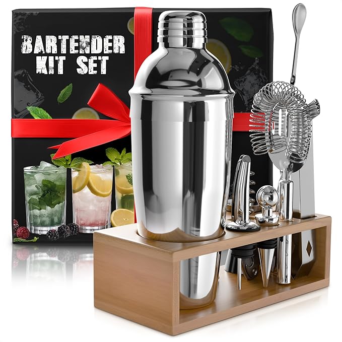 Cocktail Shaker Set of 10 – Stainless Steel Mixology Bartender Kit with 10 Accessories, Easy to Clean Bar Tool Set | Wooden Organizer for Home Bar Setup, Great Gift for Cocktail & Drink Enthusiasts