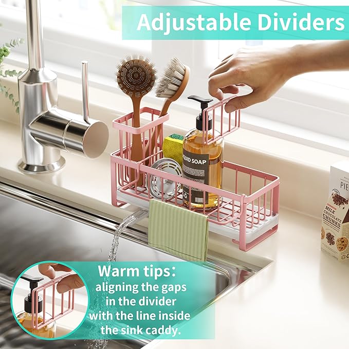 HapiRm Sponge Holder for Kitchen Sink - Self-draining Sink Caddy with Brush and Dishcloth Holders, Stainless Steel Kitchen Organizer for Countertop - Pink