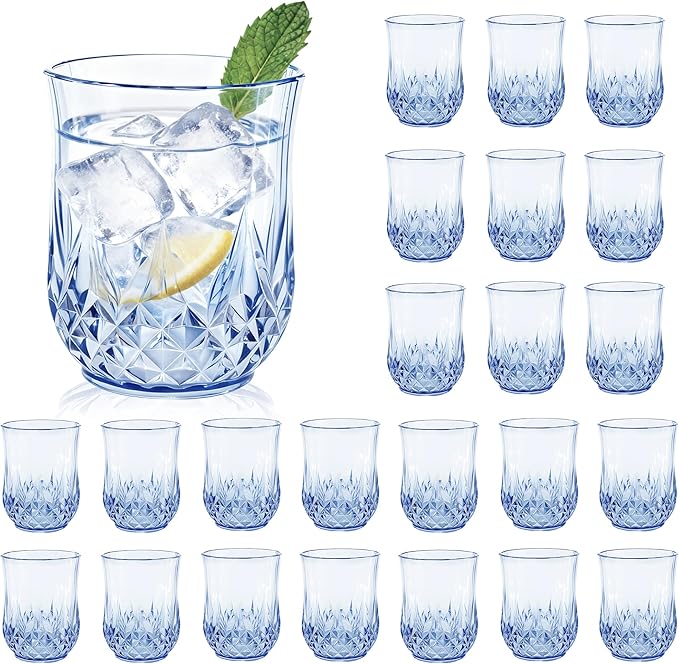 24 Pack Plastic Stemless Wine Glasses,12oz Unbreakable Vintage Elegant Drinking Glass Set,Reusable Fancy Cocktail Cups for Party, Wedding, and Bulk Events (24, 12oz-Blue)
