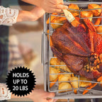P&P CHEF 16" Roaster Roasting Pan with Baking Rack and V-shaped Rack, Stainless Steel Rectangular Lasagna Pan with Handles for Turkey Chicken, Healthy & Dishwasher Safe, 3 Pieces, Silver