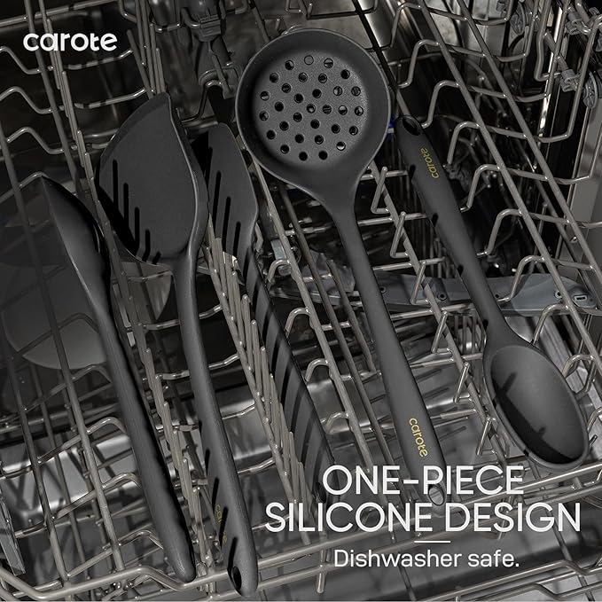 CAROTE Kitchen Utensil Set for Nonstick Cookware - 446°F Heat Resistant Silicone Cooking Utensils Set 10pcs, Dark Grey, Oderless Spatula, Turner