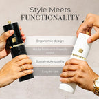 Wooden Salt and Pepper Grinder Set – Refillable Manual Salt and Pepper Mills with Adjustable Ceramic Burrs, Gold Detailing, and Wood Stand – Black and White