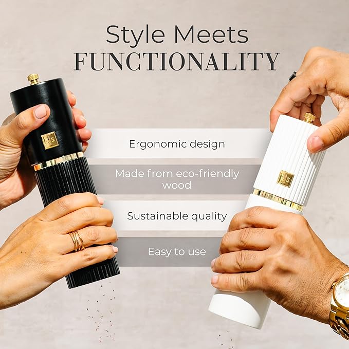 Wooden Salt and Pepper Grinder Set – Refillable Manual Salt and Pepper Mills with Adjustable Ceramic Burrs, Gold Detailing, and Wood Stand – Black and White
