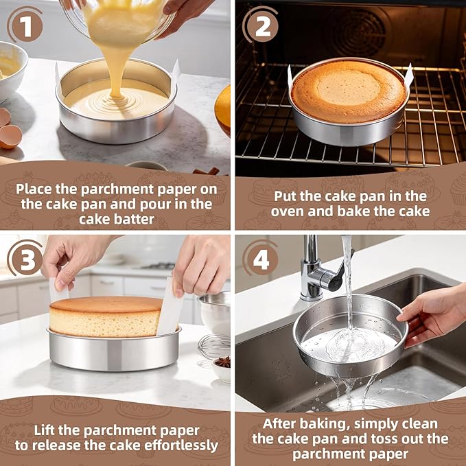 TeamFar 8 Inch Cake Pan Set of 2, Stainless Steel Layer Cake Baking Pans Tins with 90 Pcs Parchment Paper, Round Bakeware for Birthday Wedding, Non-Toxic & Healthy, Mirror Finish & Dishwasher Safe