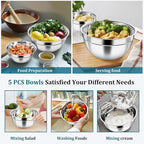 P&P CHEF Mixing Bowls with Visible Airtight Lids Set of 5, 10-Piece Stainless Steel Mixing Nesting Bowl, Metal Bowl with Lid for Kitchen Prepping & Storing, Size 4.6, 3, 1.5, 1, 0.7 QT, Blue