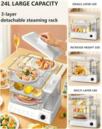 24L Electric Steamer, Three-Layer Food Steamer, Stainless Steel Steamer With Detachable Water Tank, 800w Large Capacity Breakfast Machine With Timer, Suitable For Families And Gatherings