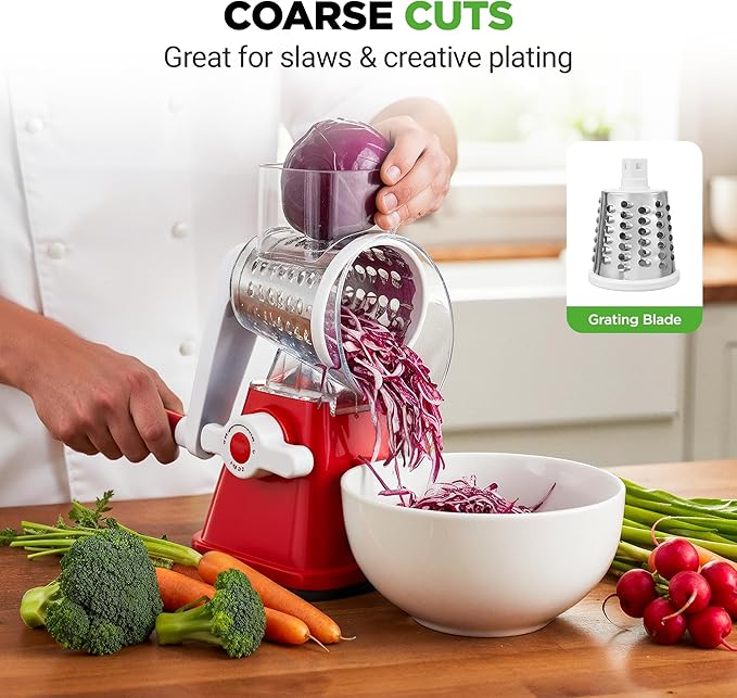 Nutrichef 3 in 1 Cheese Grater & Shredder | Strong Suction Base, Rotary Handle with Safety Lock | Includes Hand Crank & 3 Drum Blades for 3 Textures, Fine, Medium & Strips | Red
